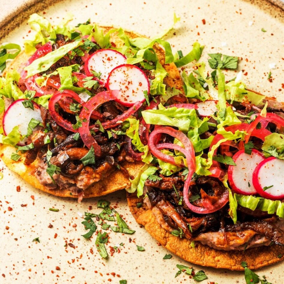 Loaded Mushroom Tostadas With Pickled Onions