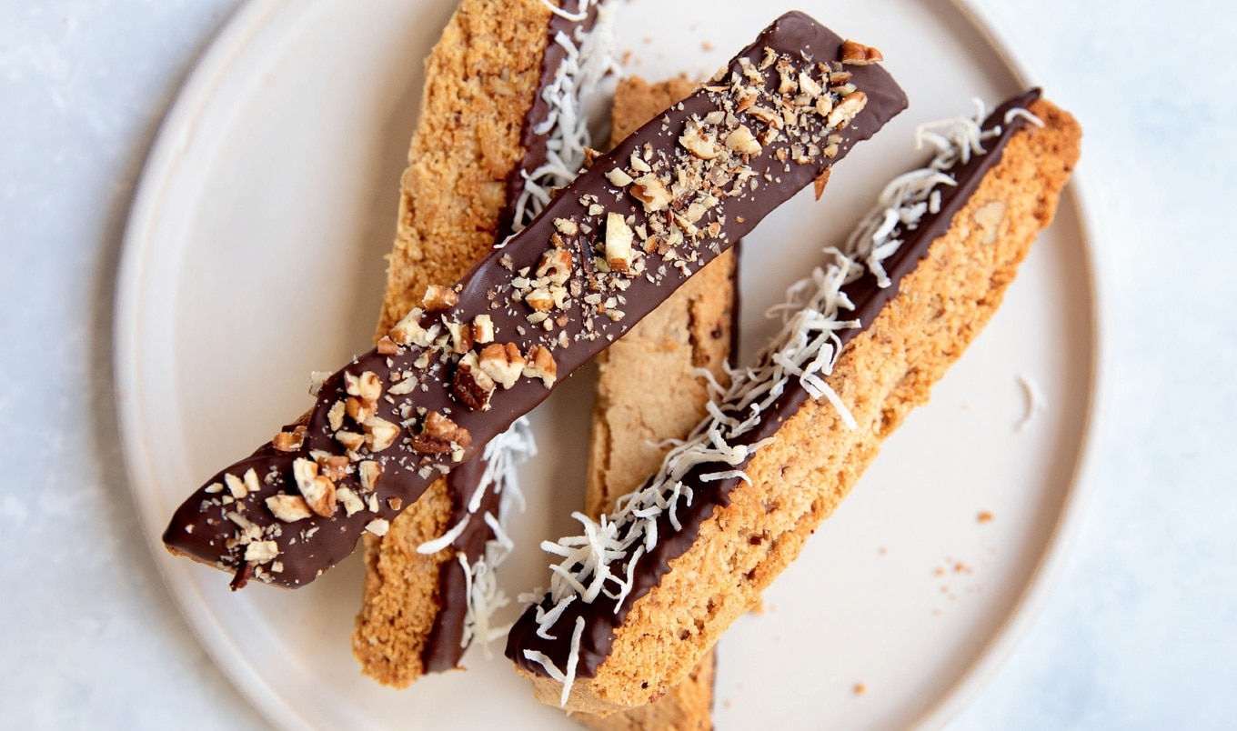 Chocolate-Dipped Coconut Pecan Biscotti