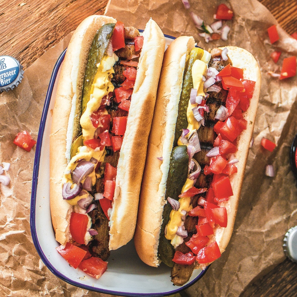 Smoky Grilled Eggplant Ballpark Hot Dogs