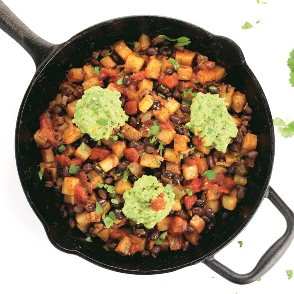 Speedy Breakfast Hash With Potatoes, Black Beans, and Mashed Avocado
