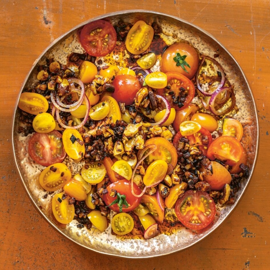 Heirloom Tomato Salad With Smoky Eggplant Bacon and Garlicky Brazil Nuts