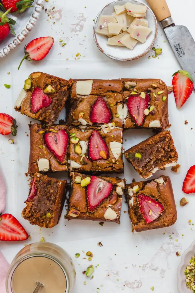 White Chocolate Strawberry Pistachio Vegan Brownies